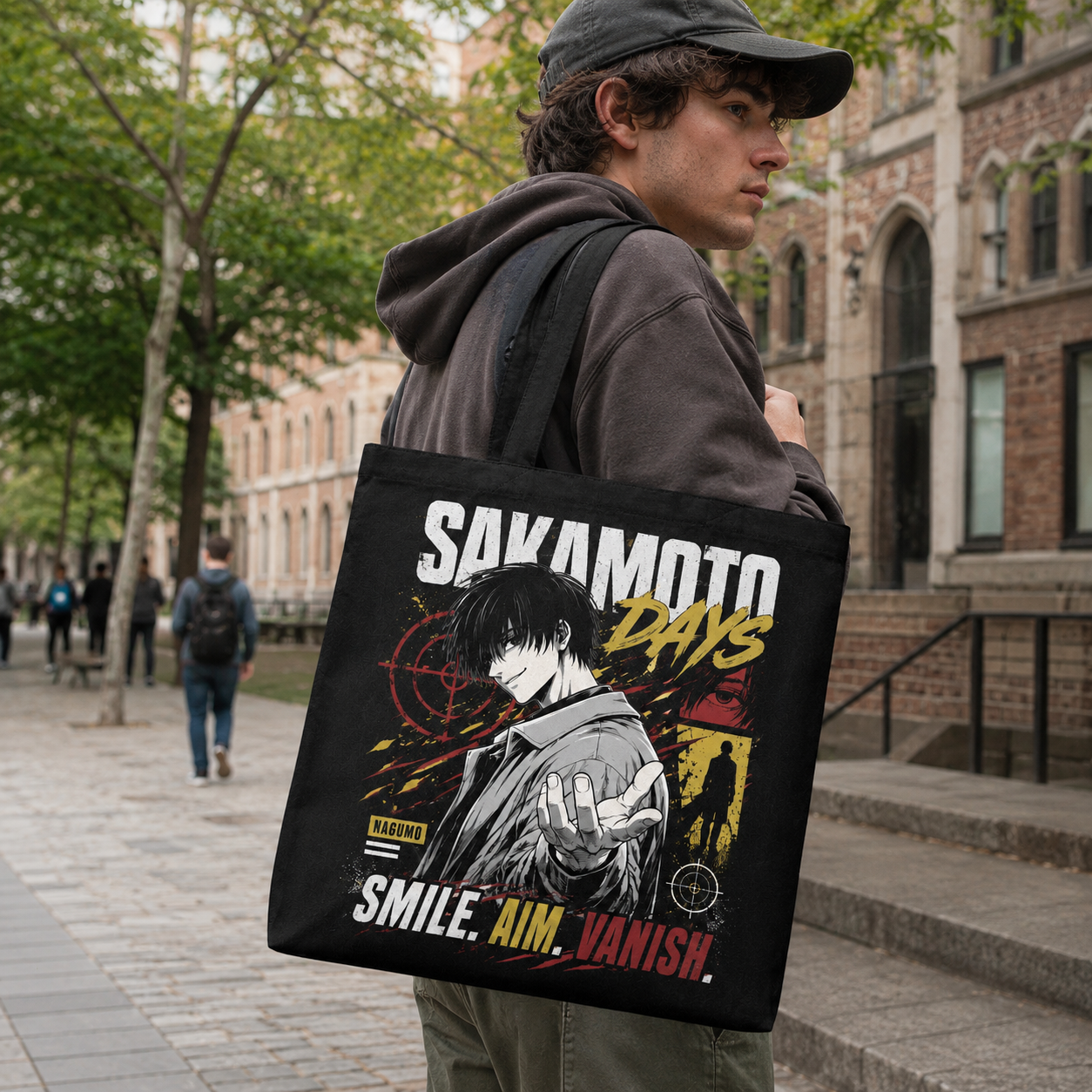 Black tote bag with Nagumo Sakamoto Days Smile Aim Vanish graphic – photo 4