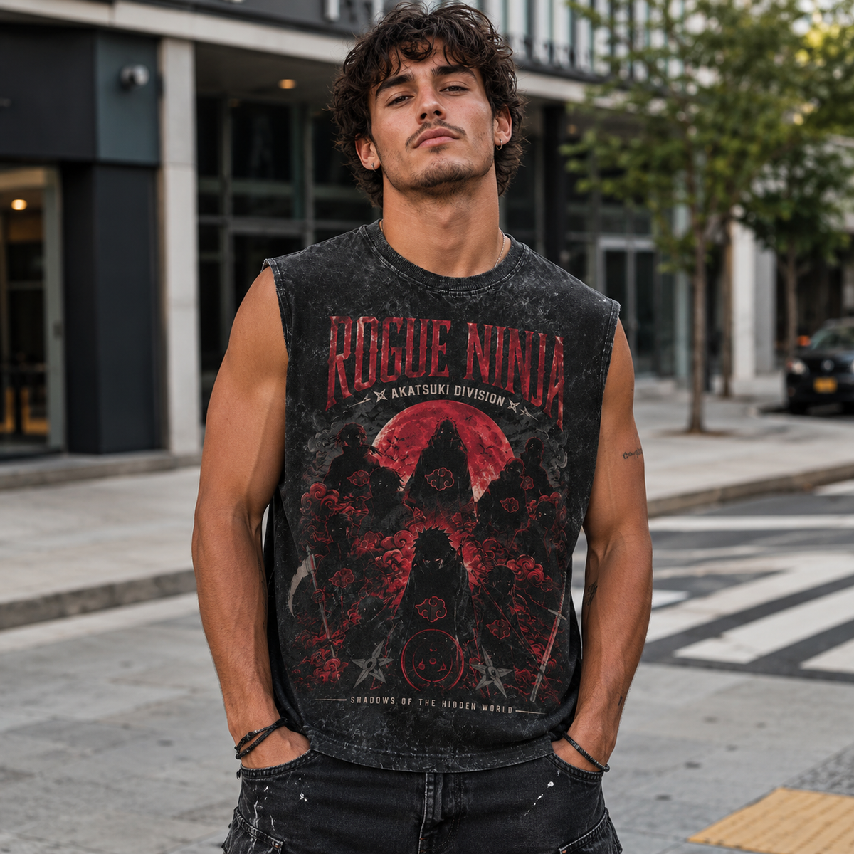 Washed black tank top with Naruto Rogue Ninja Akatsuki graphic – photo 3