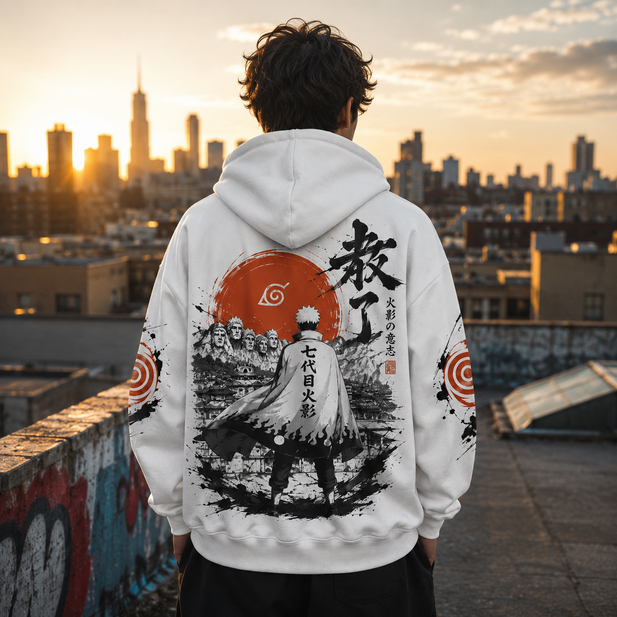 White hoodie with Naruto Uzumaki Naruto Seventh Hokage Ink graphic – photo 3