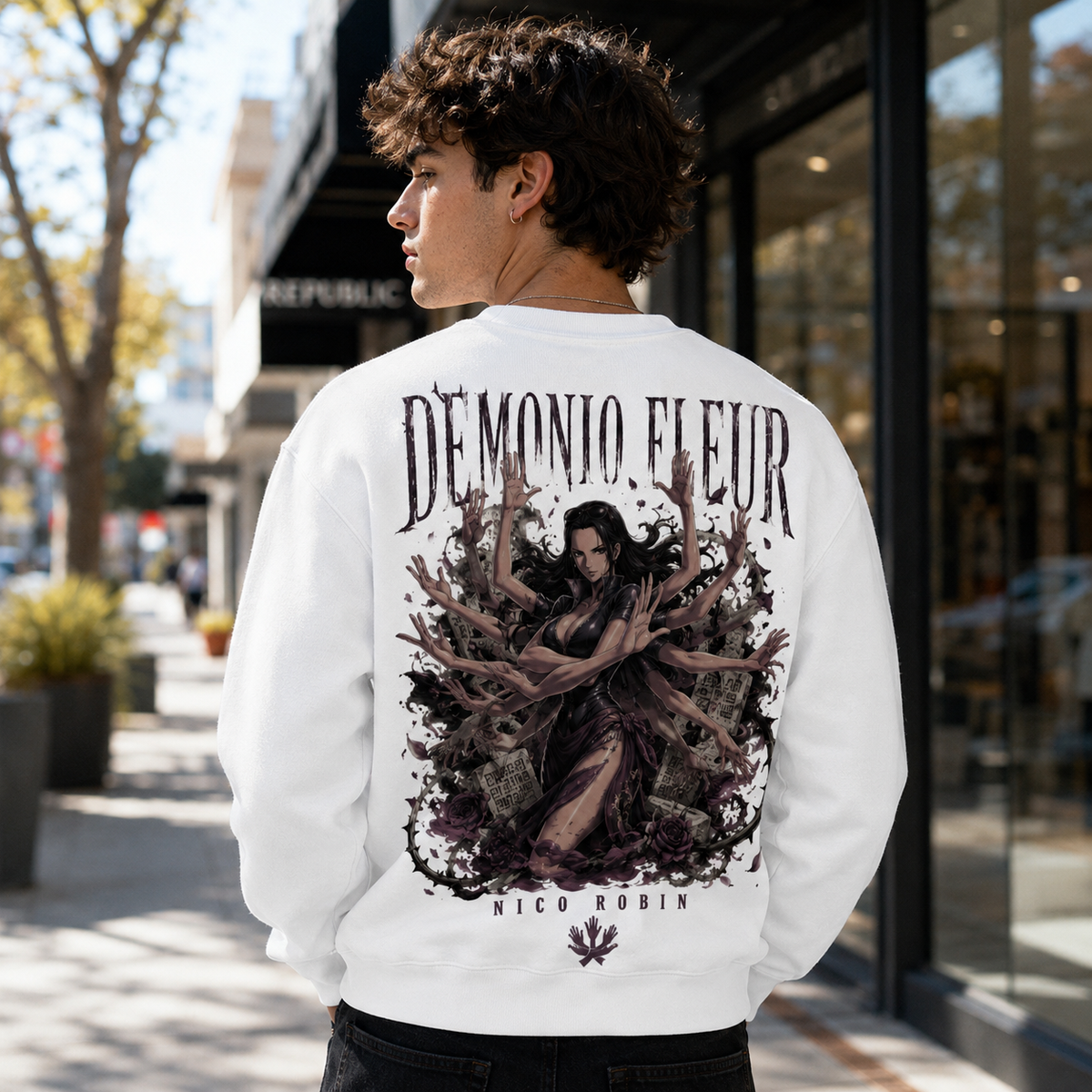 White sweatshirt with Nico Robin One Piece Demonio Fleur graphic – photo 3
