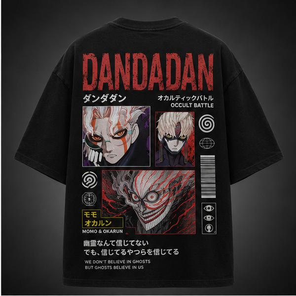 Black t-shirt with Okarun & Turbo Granny Dandadan Occult Battle Faces graphic – photo 1