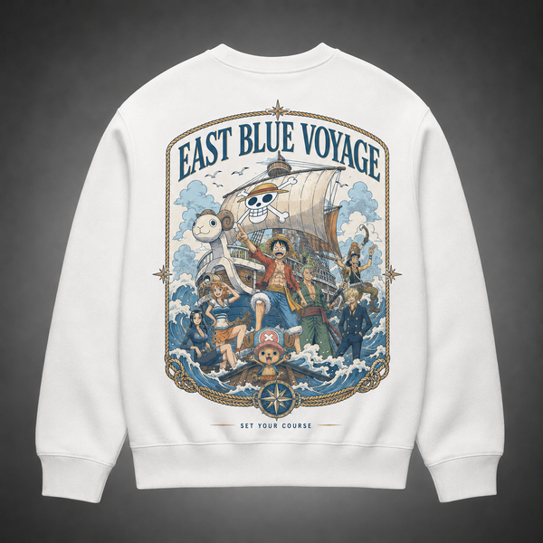 White sweatshirt with One Piece East Blue Voyage graphic – photo 1