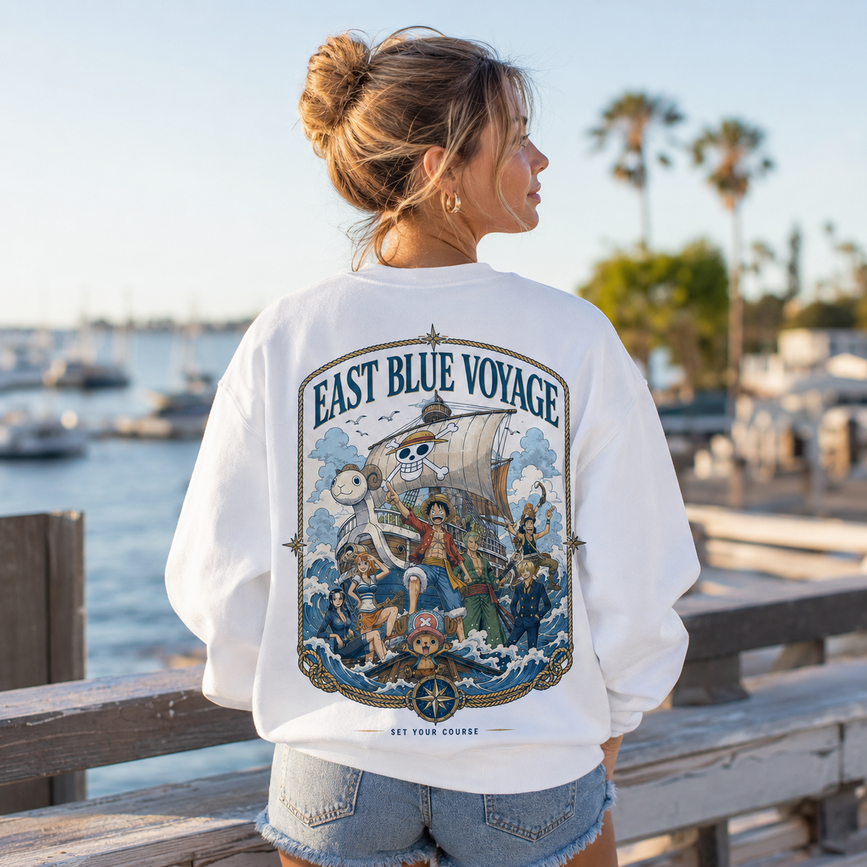 White sweatshirt with One Piece East Blue Voyage graphic – photo 3