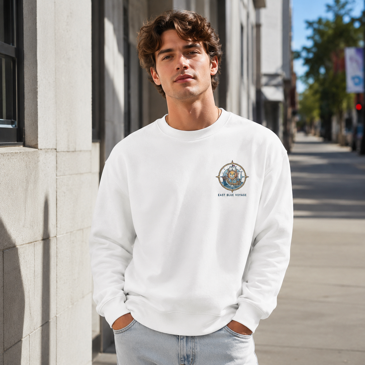 White sweatshirt with One Piece East Blue Voyage graphic – photo 4