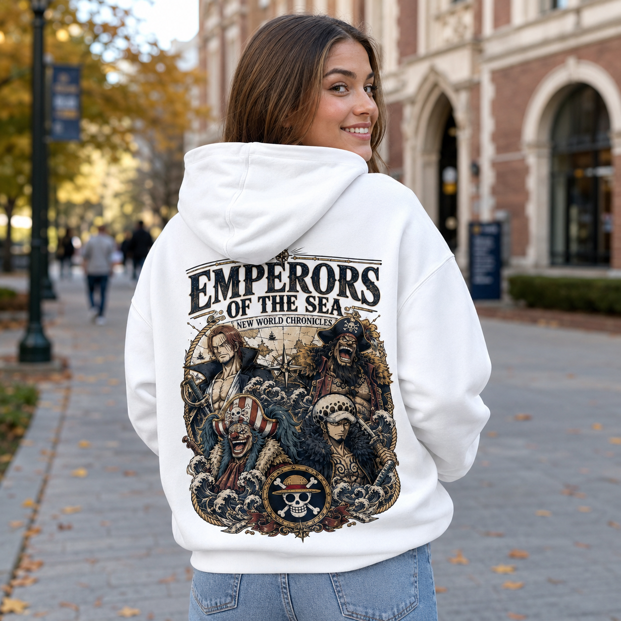 White hoodie with One Piece Emperors Of The Sea graphic – photo 3