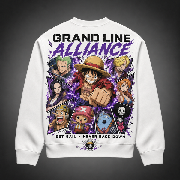 White sweatshirt with One Piece Grand Line Alliance graphic – photo 1