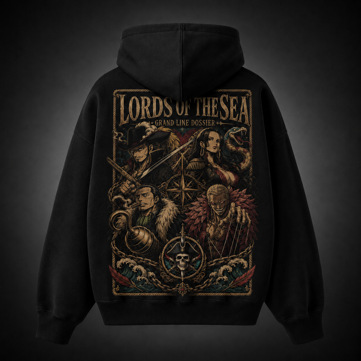 Black hoodie with One Piece Grand Line Dossier graphic – photo 2