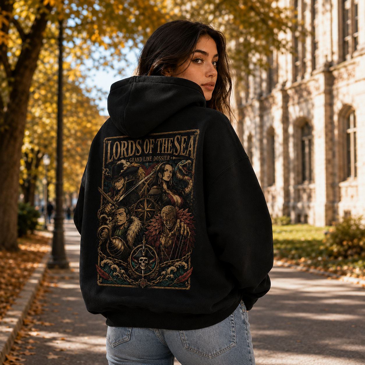 Black hoodie with One Piece Grand Line Dossier graphic – photo 4