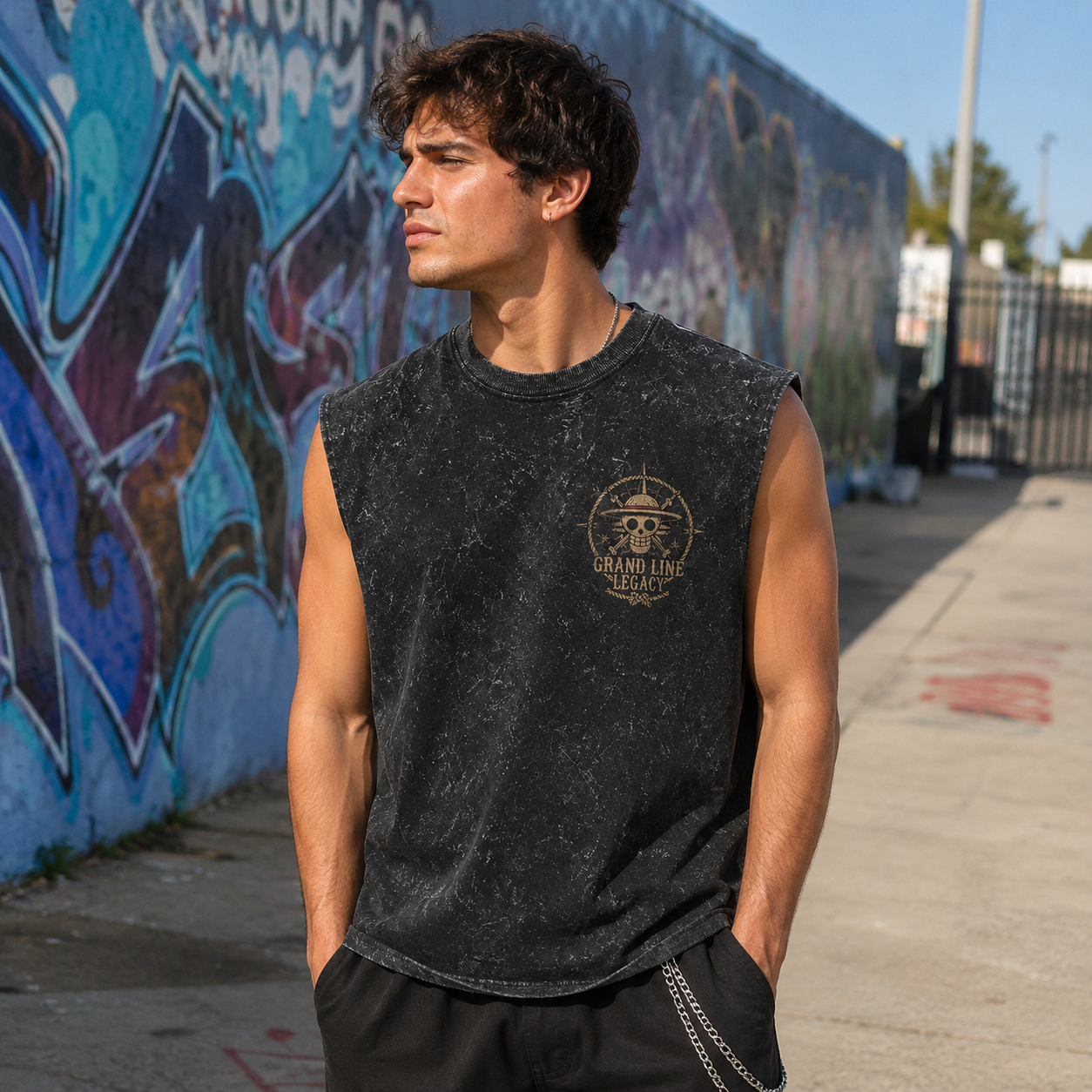 Washed black tank top with One Piece Grand Line Legacy graphic – photo 3