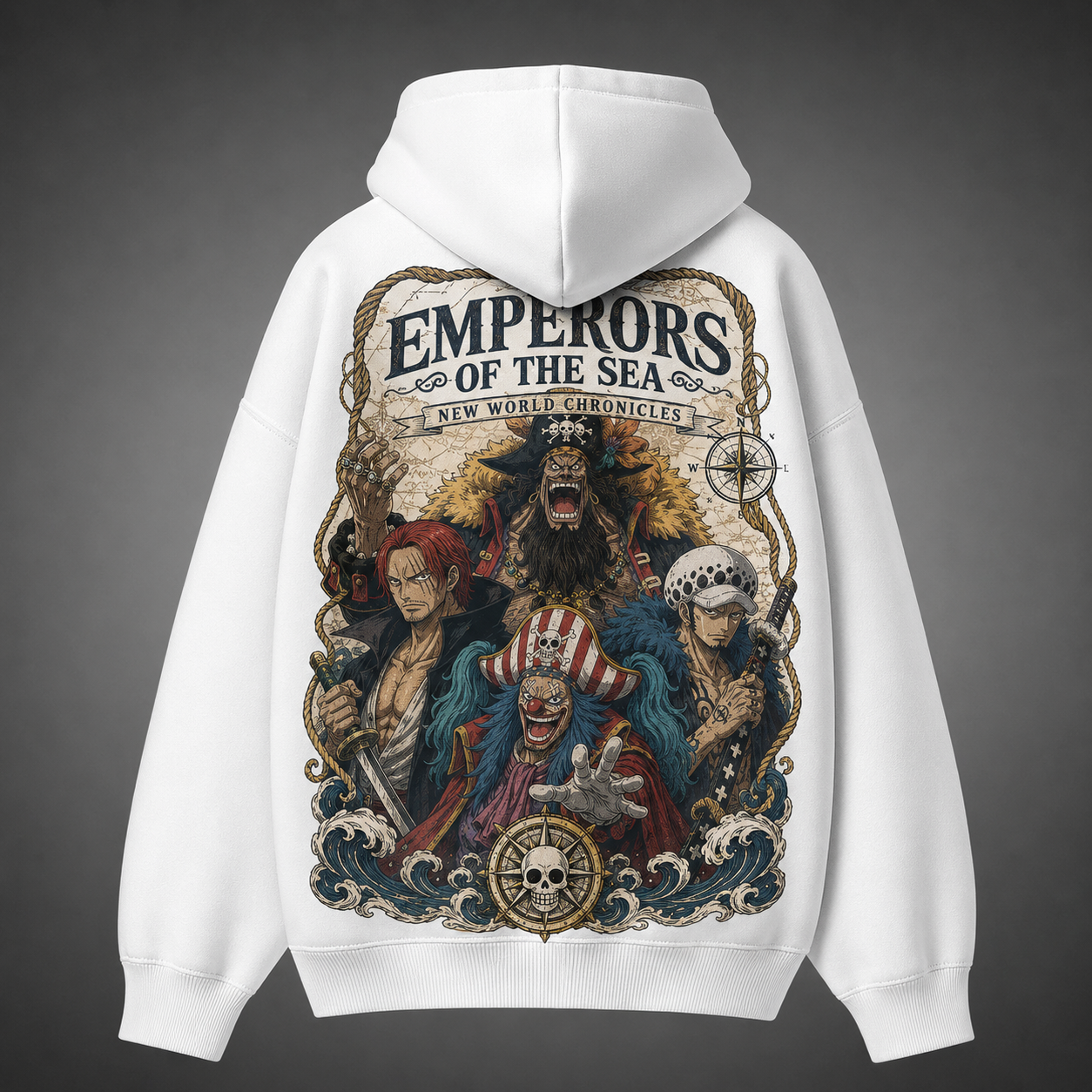White hoodie with One Piece New World Emperors graphic – photo 1