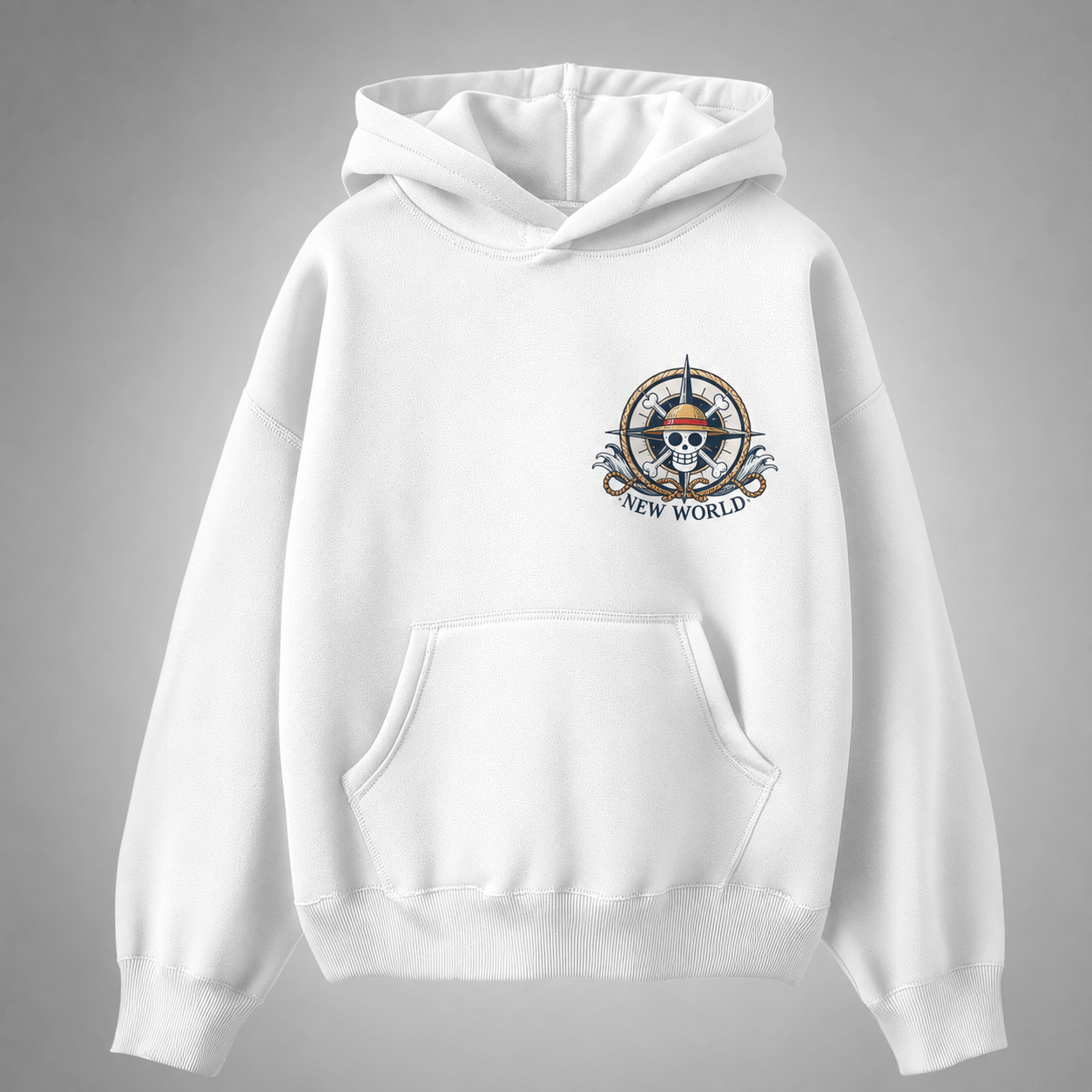 White hoodie with One Piece New World Emperors graphic – photo 2
