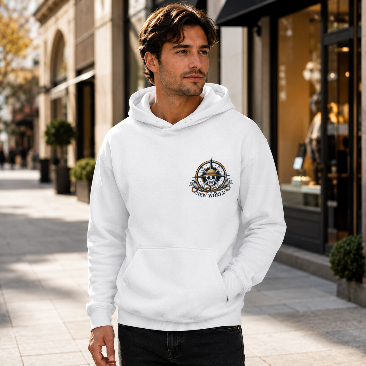 White hoodie with One Piece New World Emperors graphic – photo 4