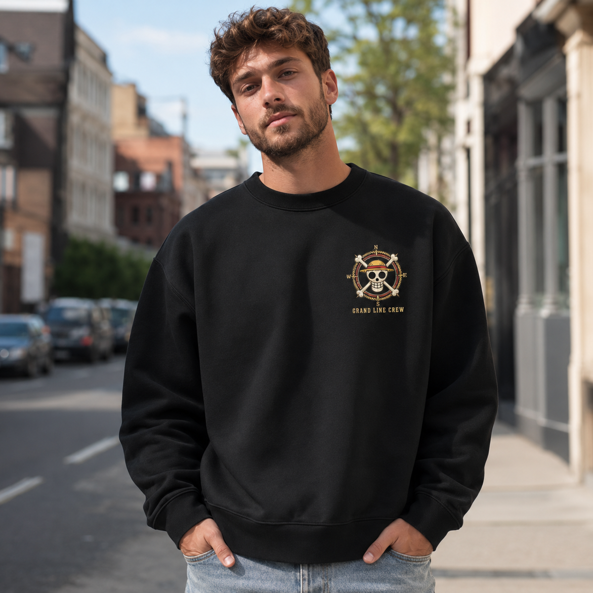 Black sweatshirt with One Piece Set Sail Crew graphic – photo 4