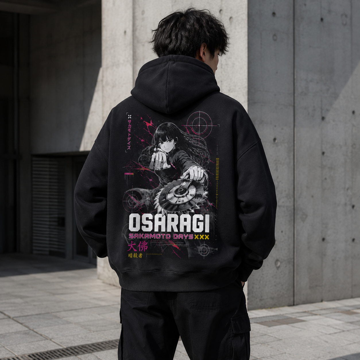 Black hoodie with Osaragi Sakamoto Days Osaragi Assassin graphic – photo 3
