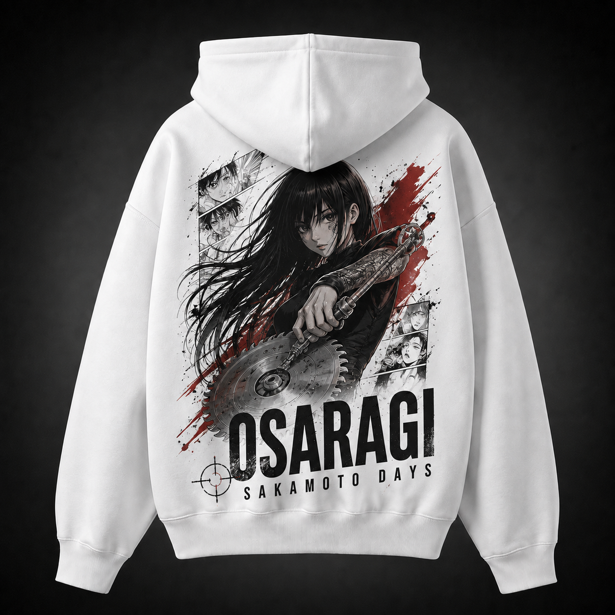 White hoodie with Osaragi Sakamoto Days Osaragi Saw Blade graphic – photo 1