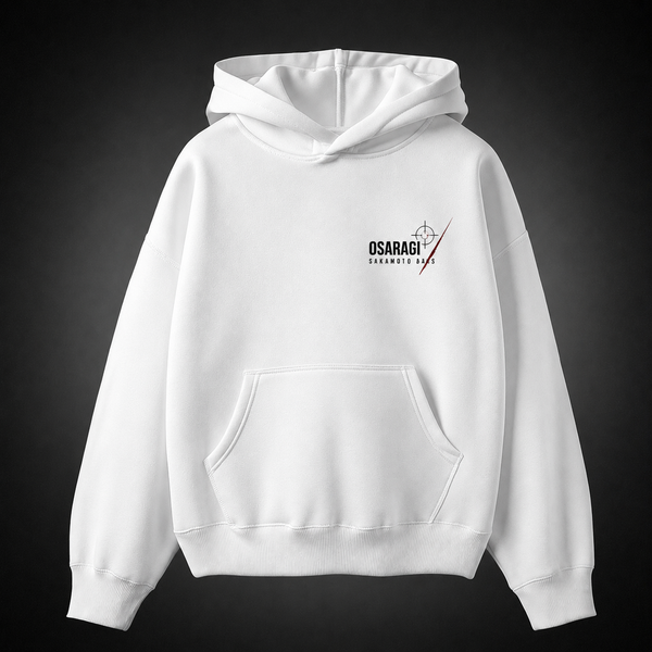 White hoodie with Osaragi Sakamoto Days Osaragi Saw Blade graphic – photo 2