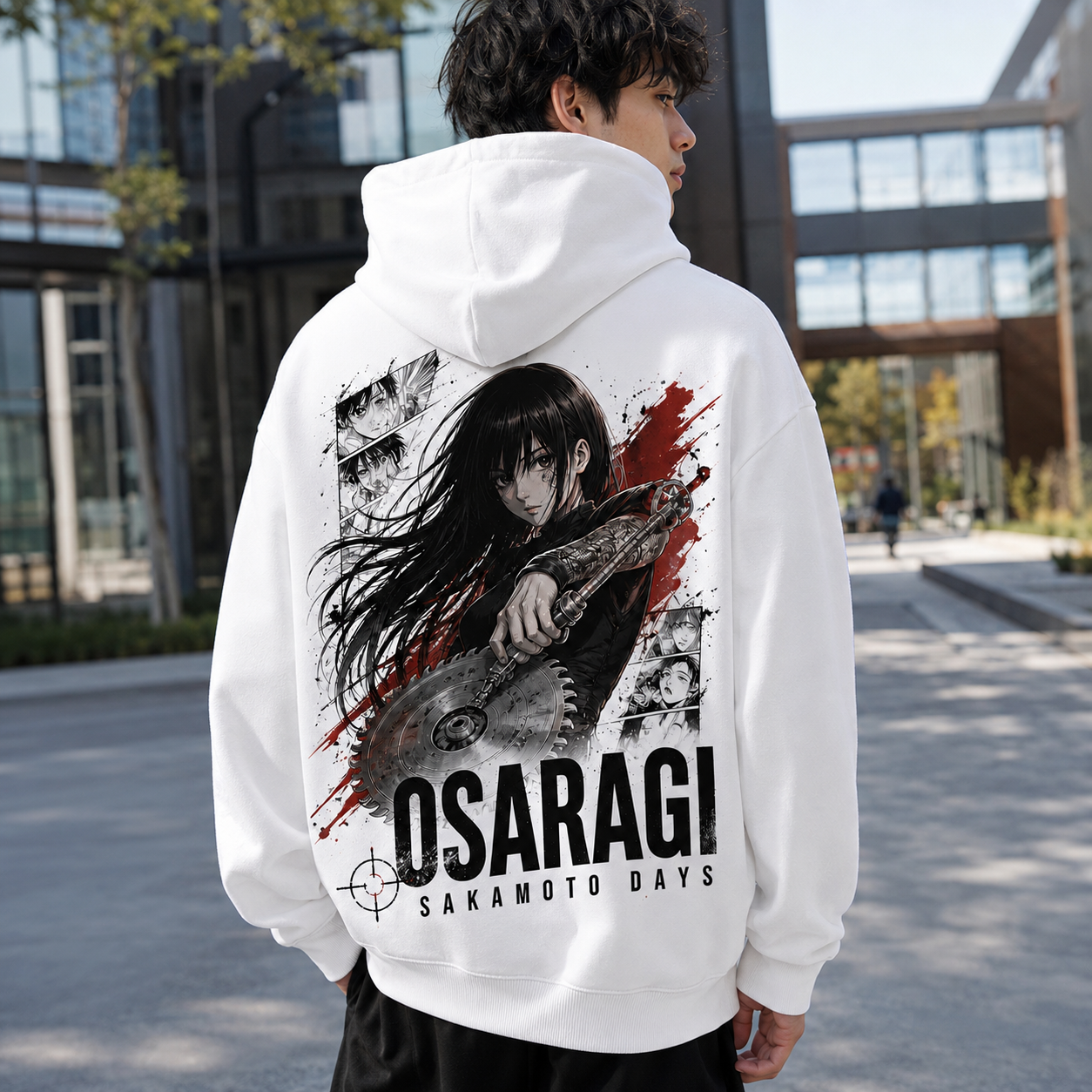White hoodie with Osaragi Sakamoto Days Osaragi Saw Blade graphic – photo 3