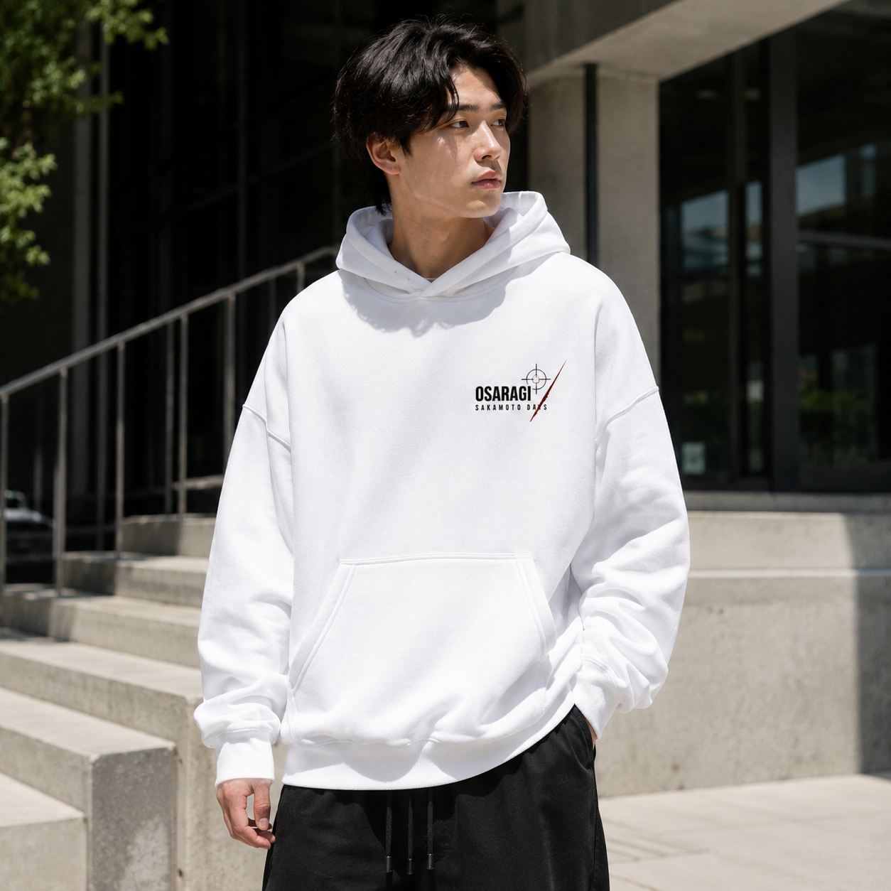 White hoodie with Osaragi Sakamoto Days Osaragi Saw Blade graphic – photo 4