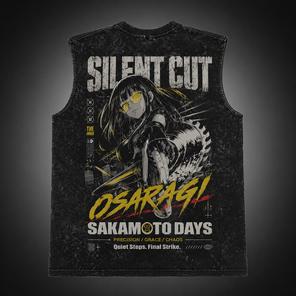 Washed black tank top with Osaragi Sakamoto Days Silent Cut graphic – photo 1