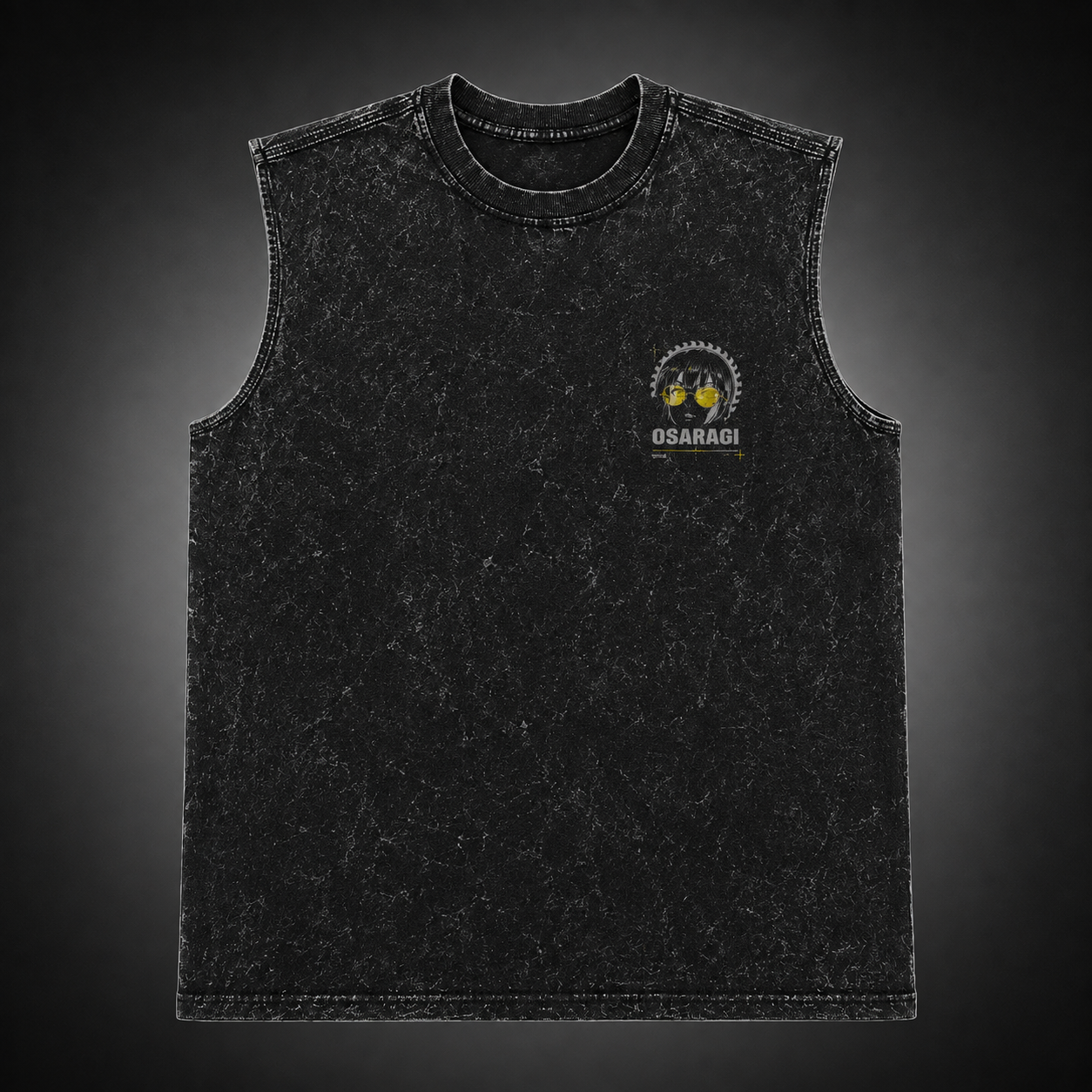 Washed black tank top with Osaragi Sakamoto Days Silent Cut graphic – photo 2