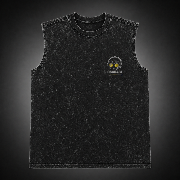 Washed black tank top with Osaragi Sakamoto Days Silent Cut graphic – photo 2