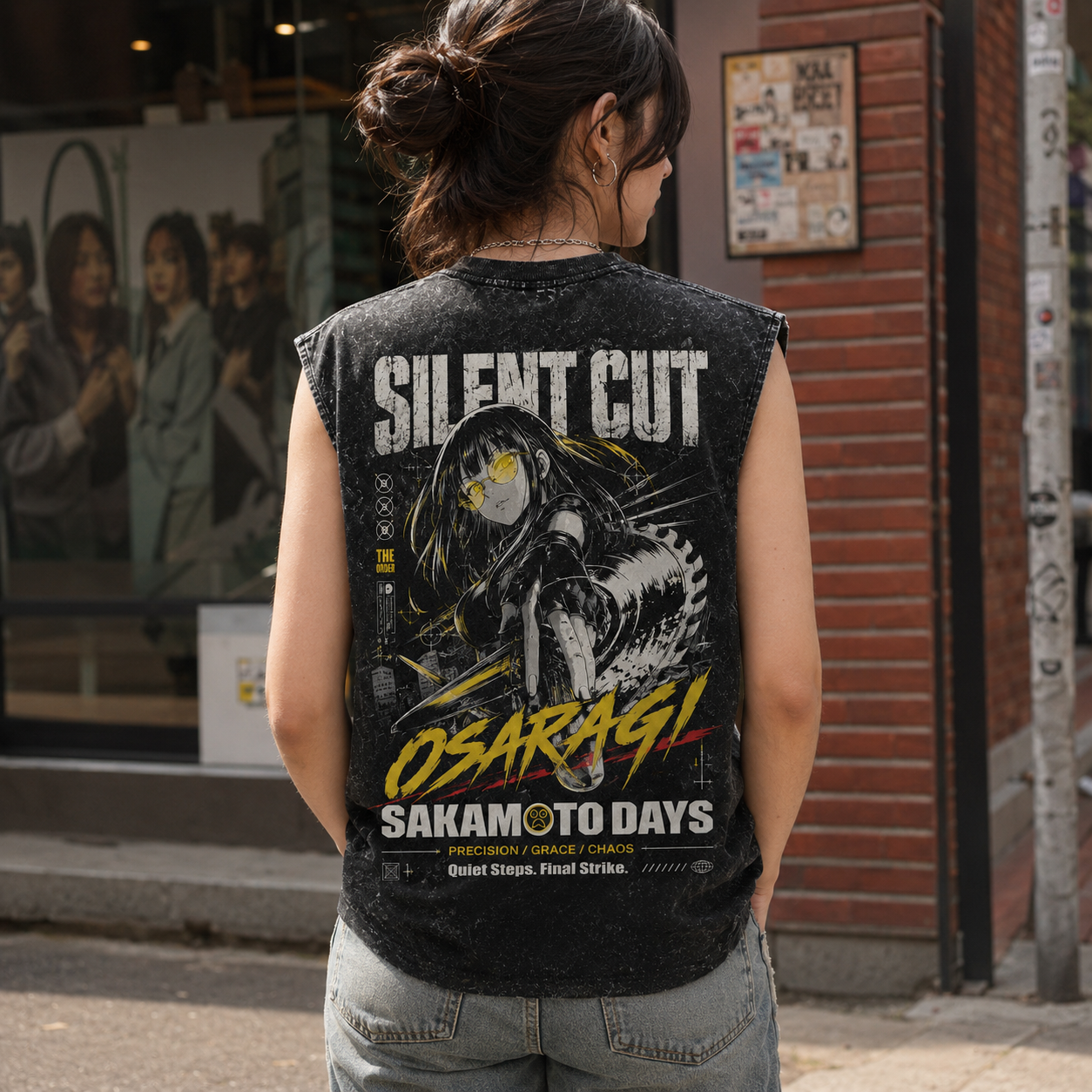 Washed black tank top with Osaragi Sakamoto Days Silent Cut graphic – photo 3