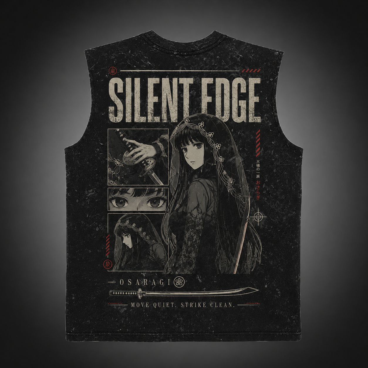 Washed black tank top with Osaragi Sakamoto Days Silent Edge graphic – photo 1