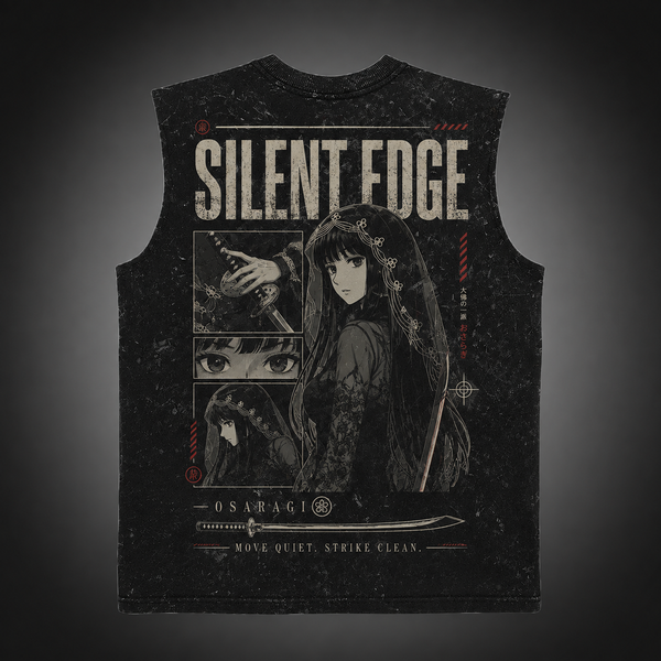 Washed black tank top with Osaragi Sakamoto Days Silent Edge graphic – photo 1