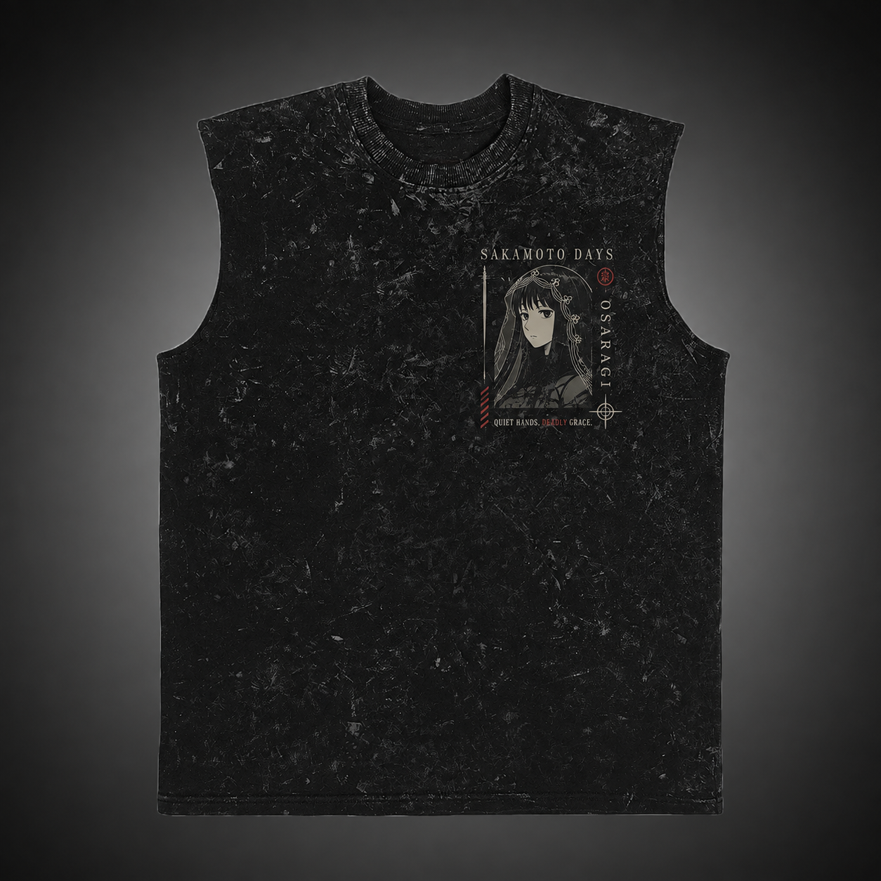 Washed black tank top with Osaragi Sakamoto Days Silent Edge graphic – photo 2
