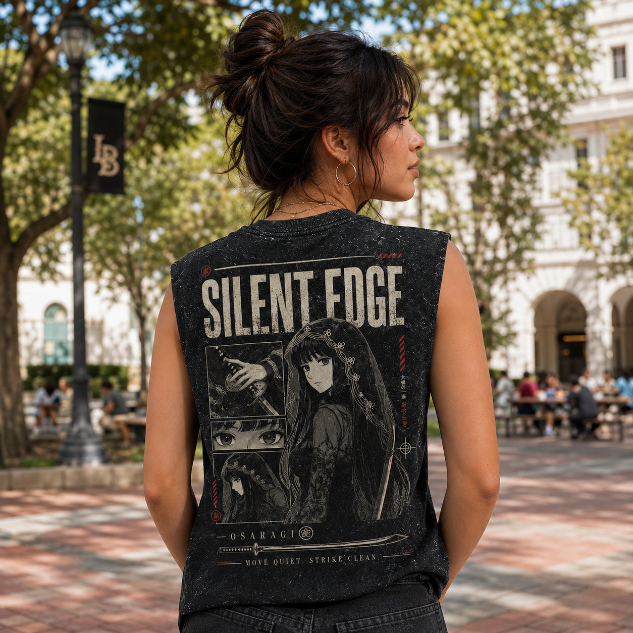 Washed black tank top with Osaragi Sakamoto Days Silent Edge graphic – photo 3