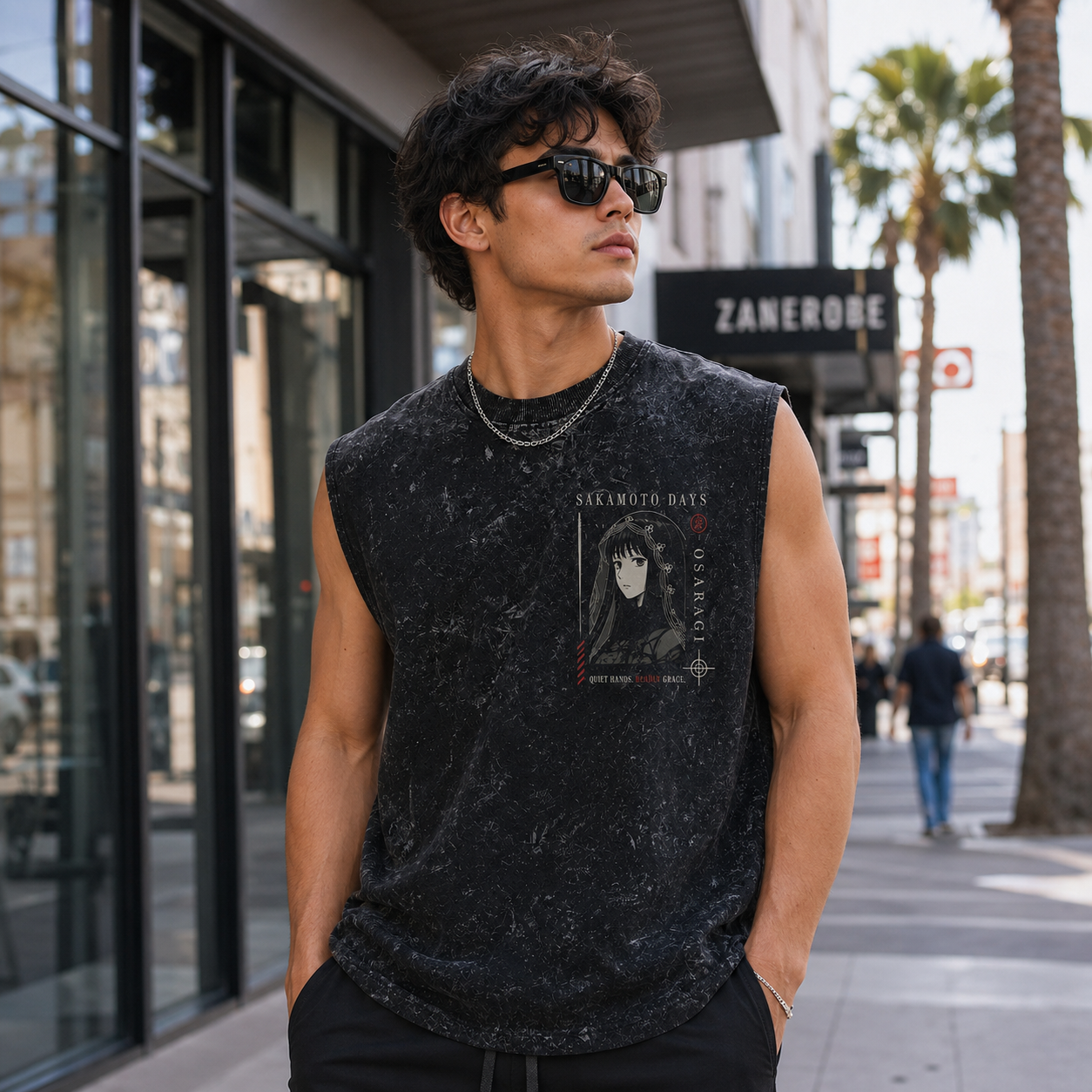 Washed black tank top with Osaragi Sakamoto Days Silent Edge graphic – photo 4