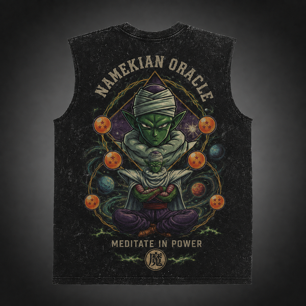Washed black tank top with Piccolo Dragon Ball Namekian Oracle graphic – photo 1