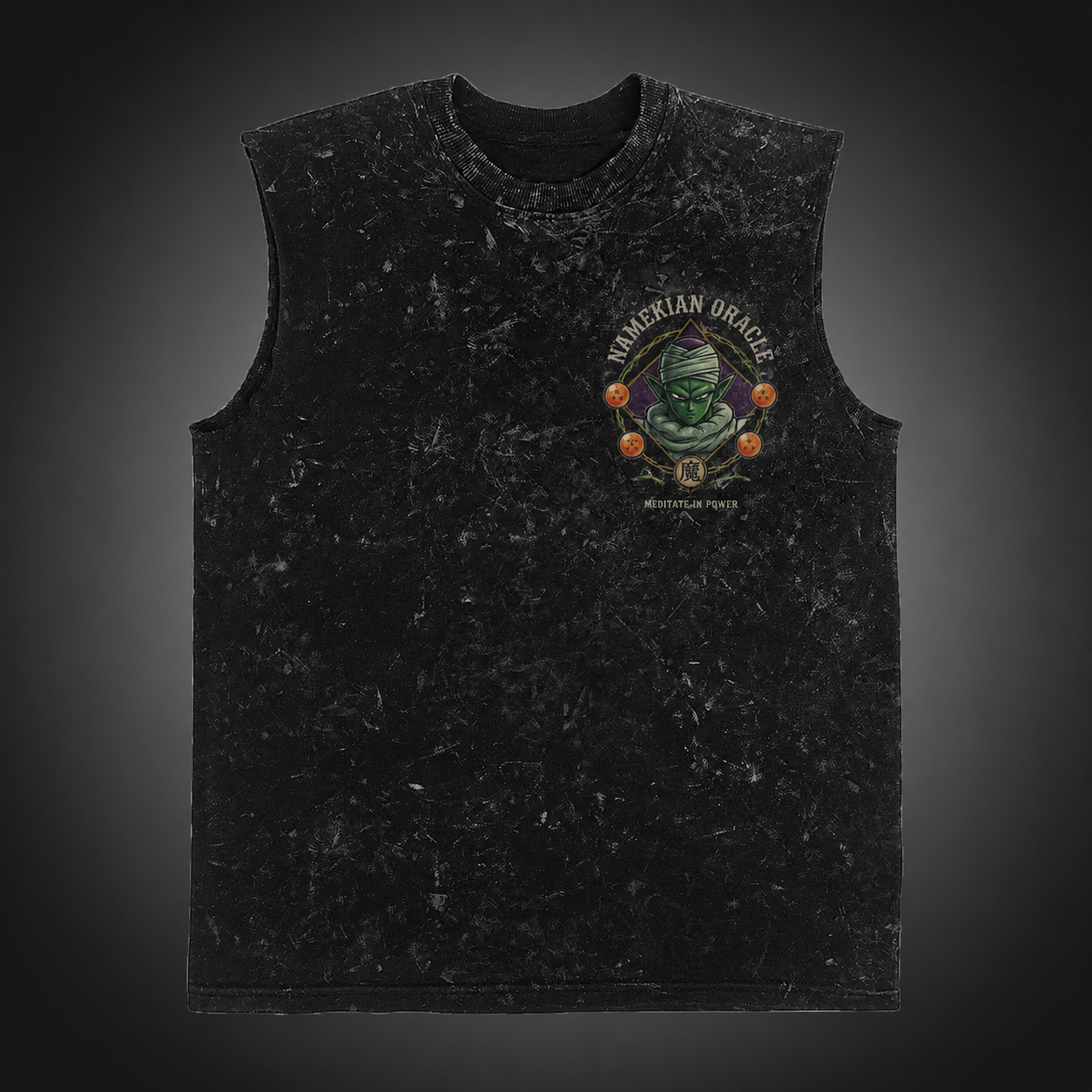 Washed black tank top with Piccolo Dragon Ball Namekian Oracle graphic – photo 2