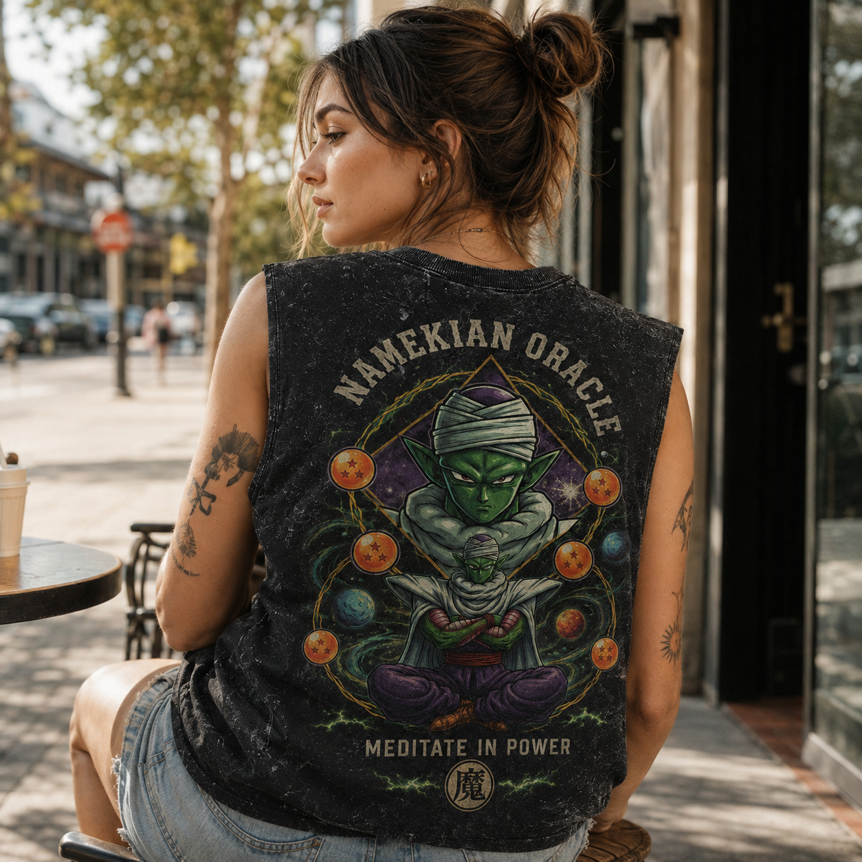 Washed black tank top with Piccolo Dragon Ball Namekian Oracle graphic – photo 3