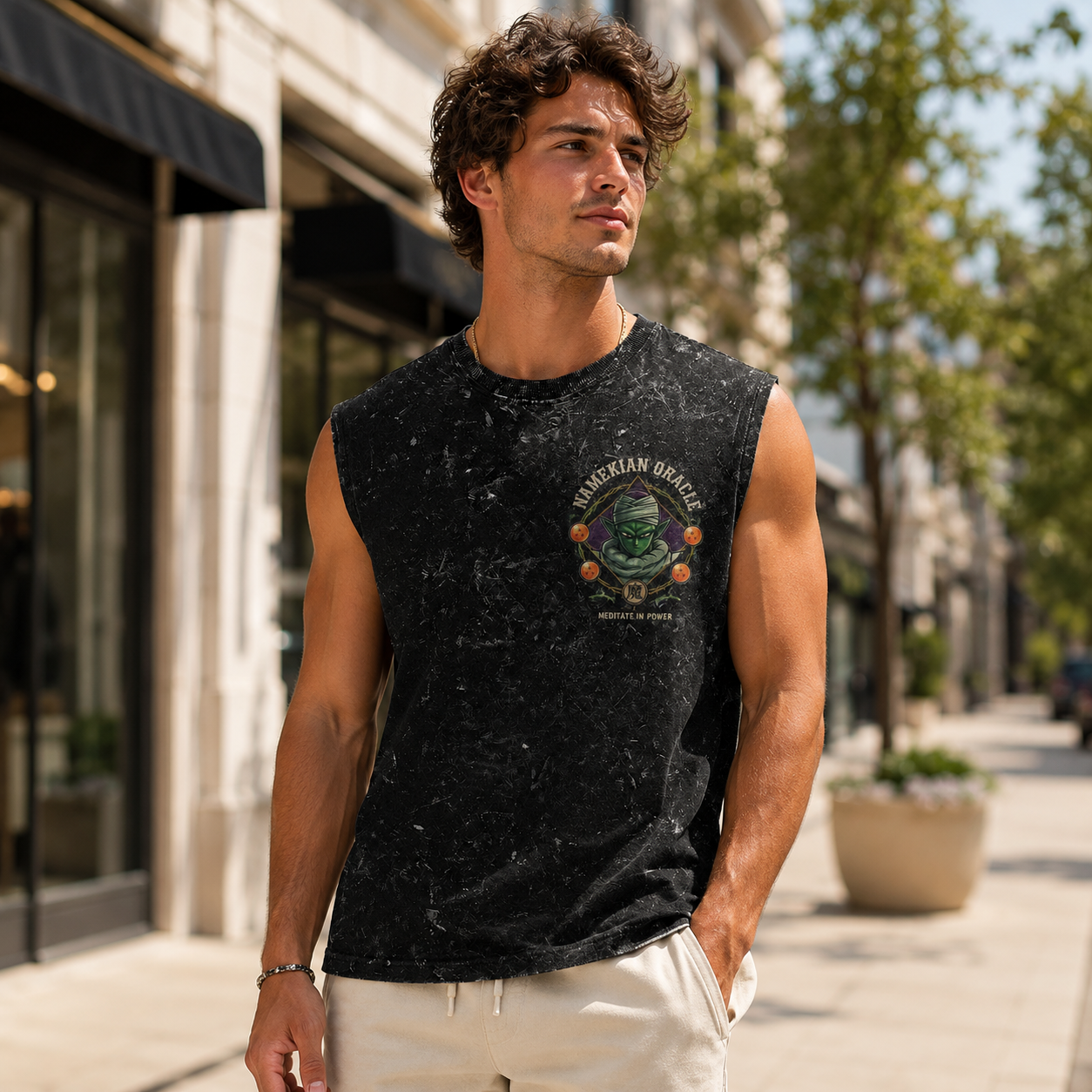 Washed black tank top with Piccolo Dragon Ball Namekian Oracle graphic – photo 4