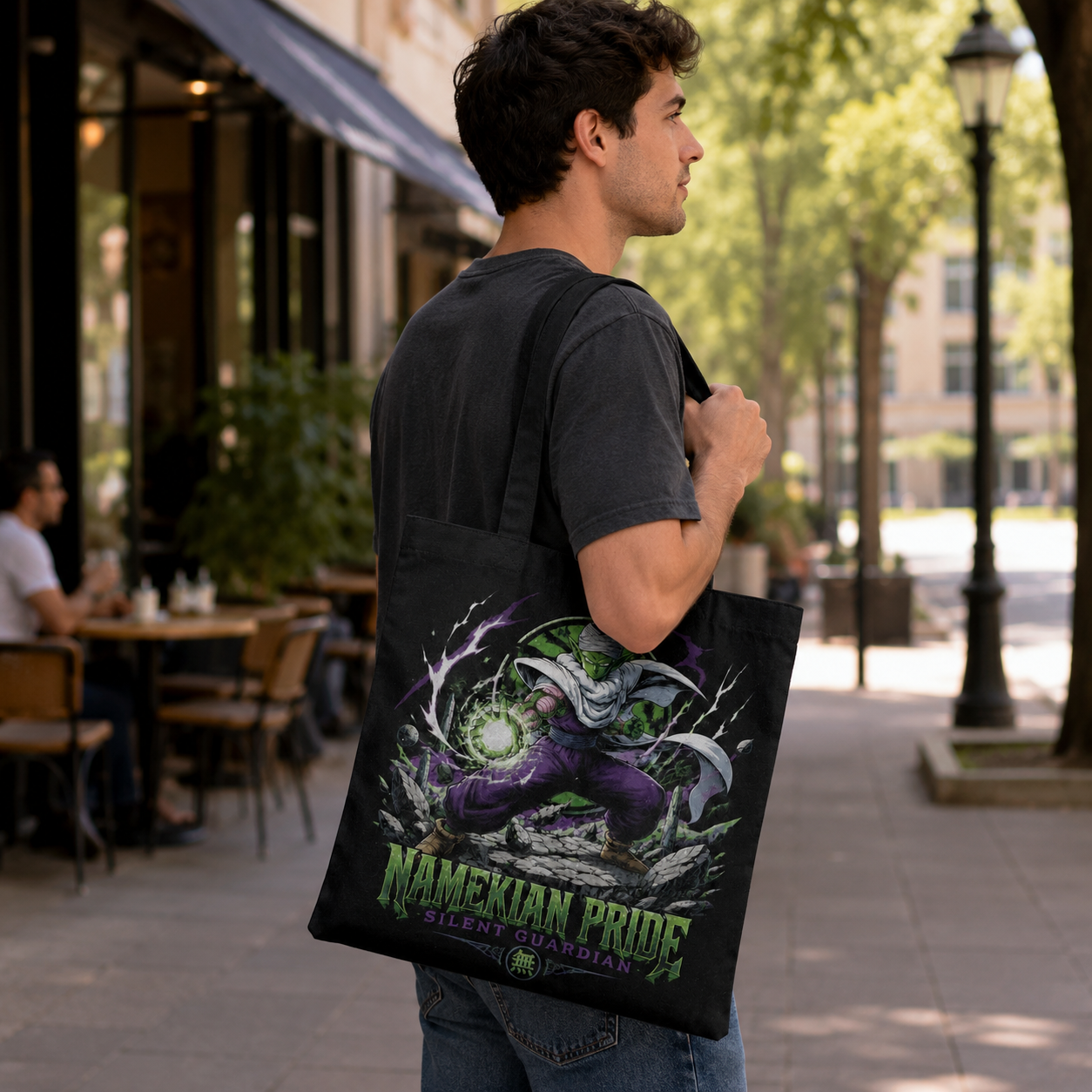 Black tote bag with Piccolo Dragon Ball Namekian Pride graphic – photo 4