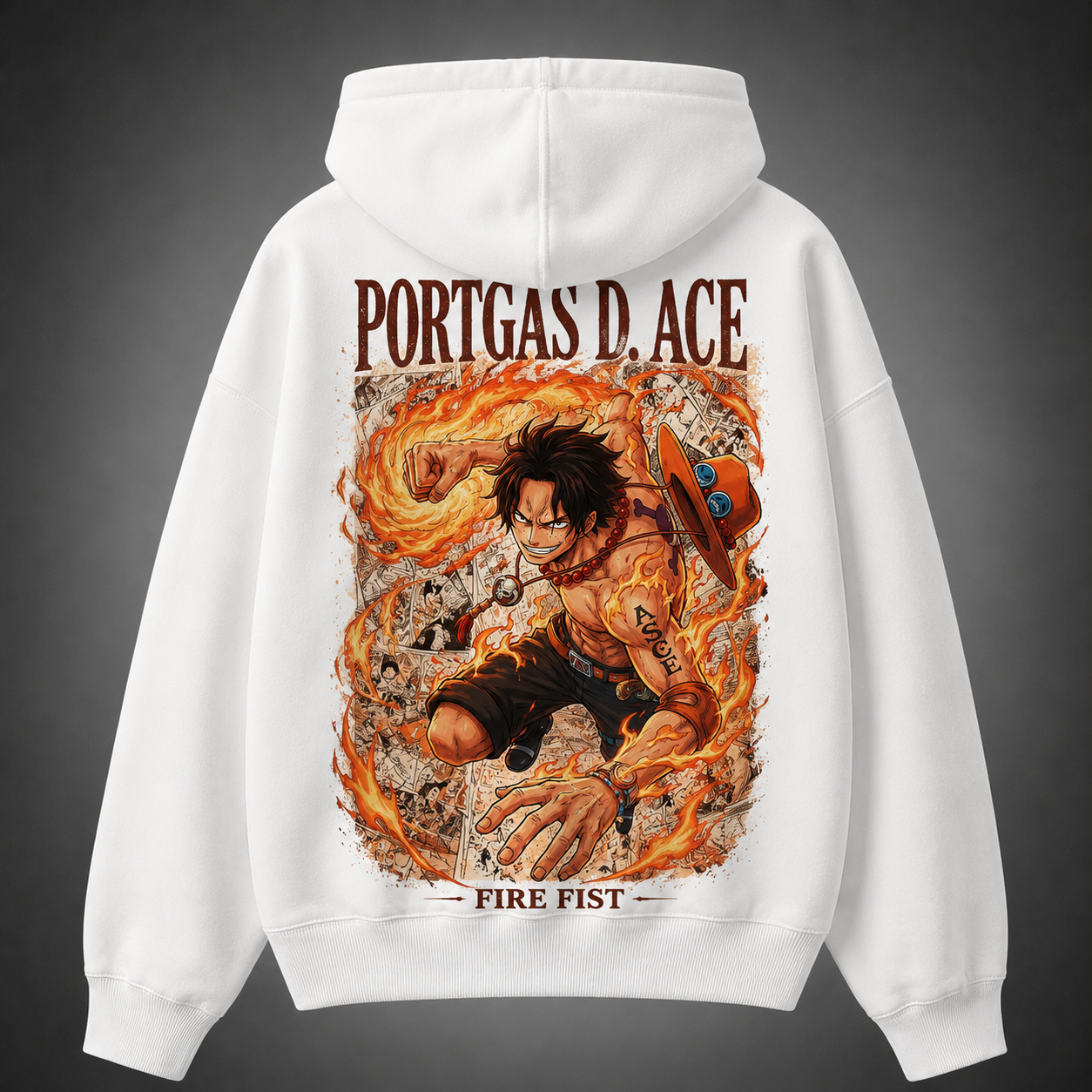 White hoodie with Portgas D. Ace One Piece Fire Fist graphic – photo 1