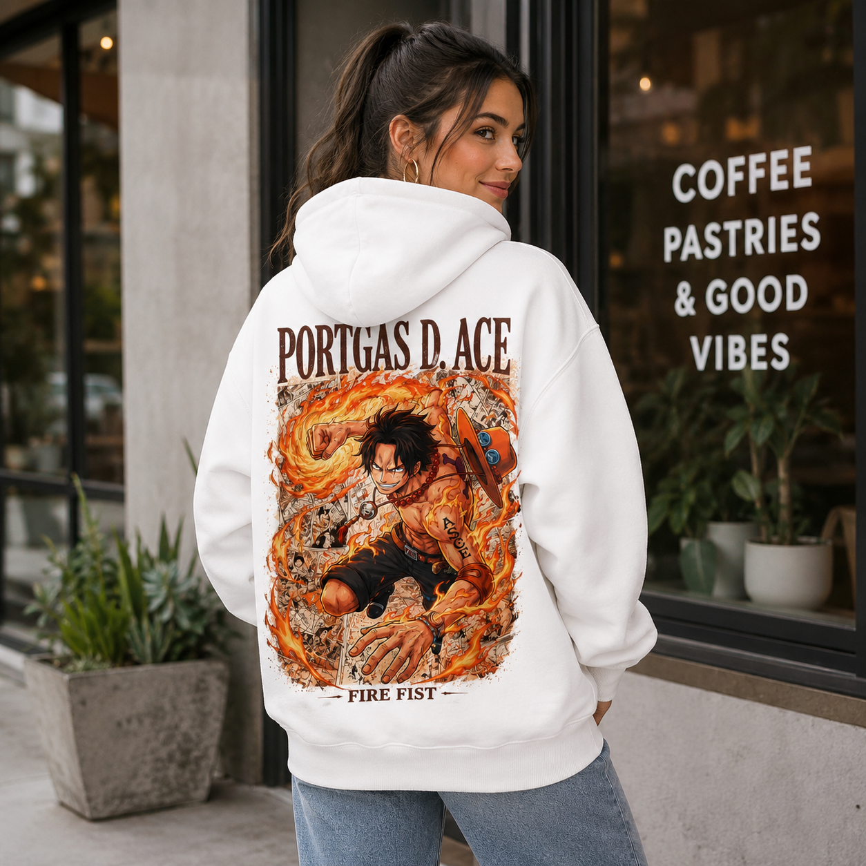 White hoodie with Portgas D. Ace One Piece Fire Fist graphic – photo 3