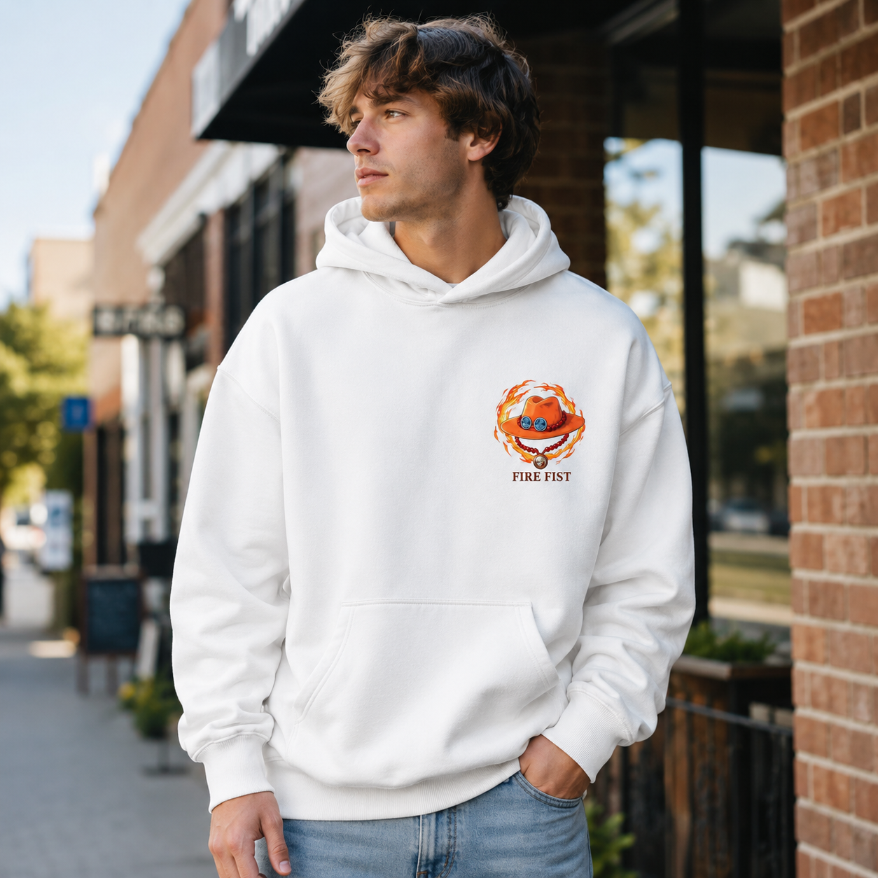 White hoodie with Portgas D. Ace One Piece Fire Fist graphic – photo 4