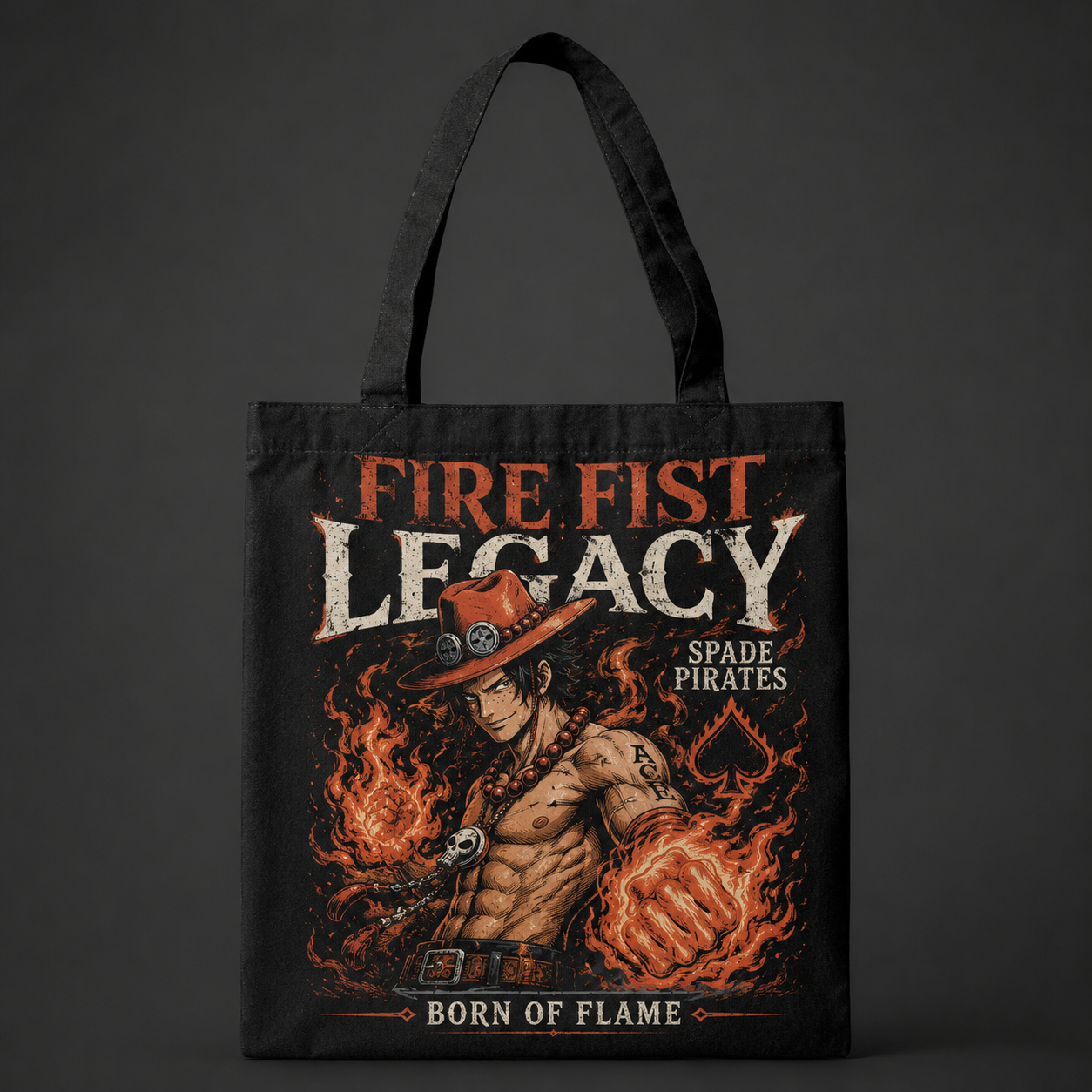 Black tote bag with Portgas D. Ace One Piece Fire Fist Legacy graphic – photo 1