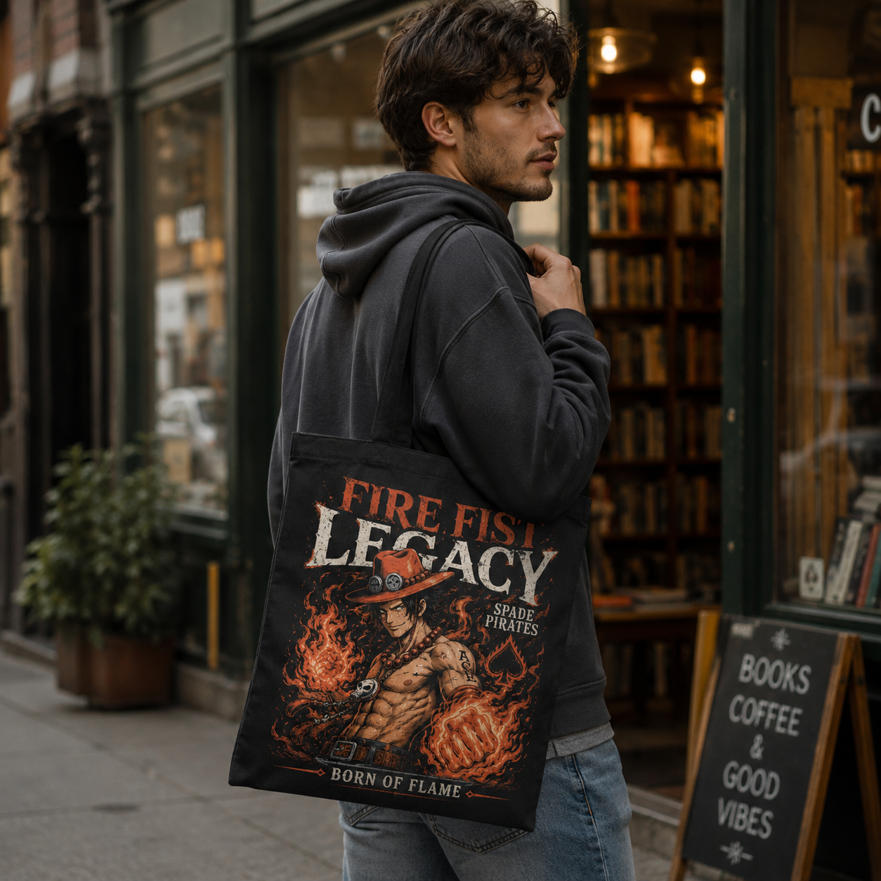 Black tote bag with Portgas D. Ace One Piece Fire Fist Legacy graphic – photo 4