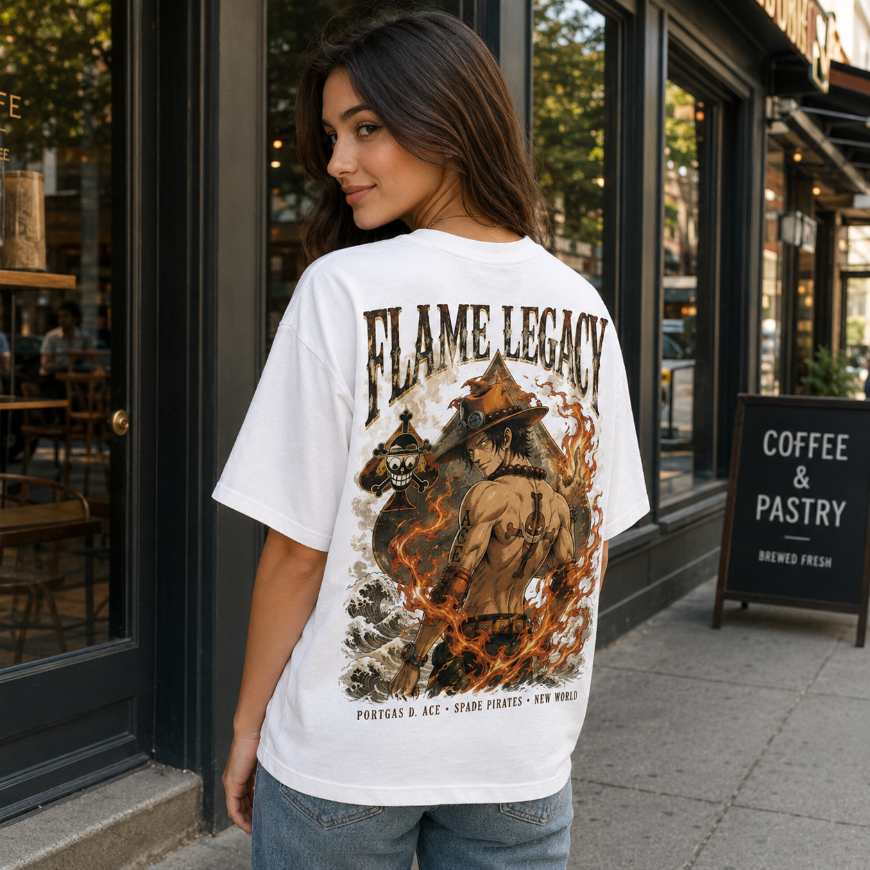 White t-shirt with Portgas D. Ace One Piece Flame Legacy graphic – photo 4