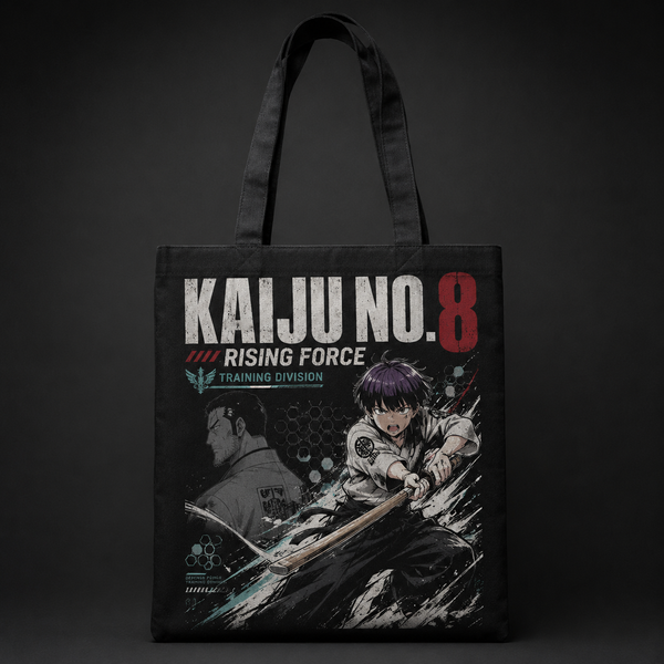 Black tote bag with Reno Ichikawa Kaiju No. 8 Rising Force Training graphic – photo 1