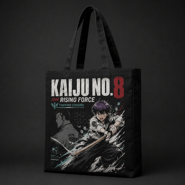 Black tote bag with Reno Ichikawa Kaiju No. 8 Rising Force Training graphic – photo 2