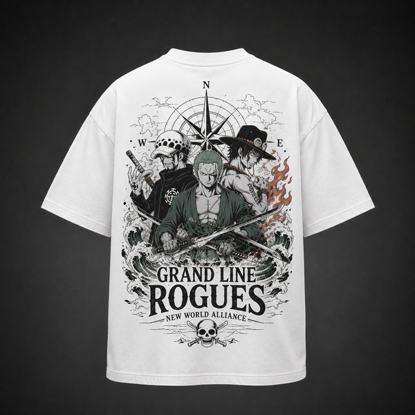 White t-shirt with Roronoa Zoro One Piece Grand Line Rogues graphic – photo 1