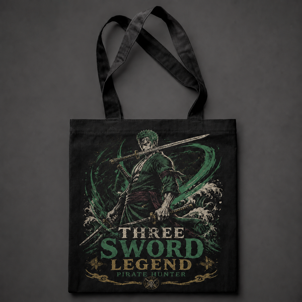 Black tote bag with Roronoa Zoro One Piece Three Sword Legend graphic – photo 1