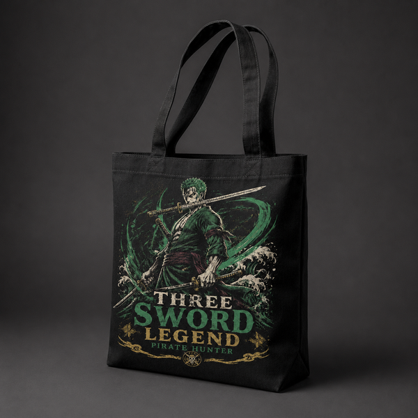 Black tote bag with Roronoa Zoro One Piece Three Sword Legend graphic – photo 2