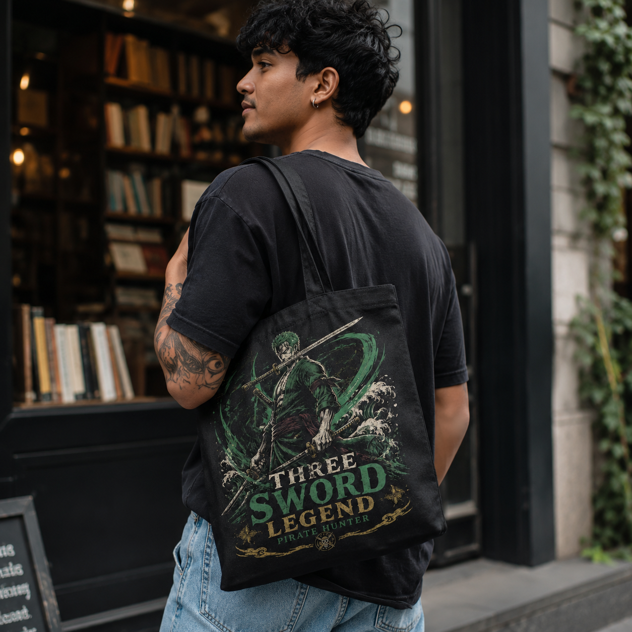 Black tote bag with Roronoa Zoro One Piece Three Sword Legend graphic – photo 4