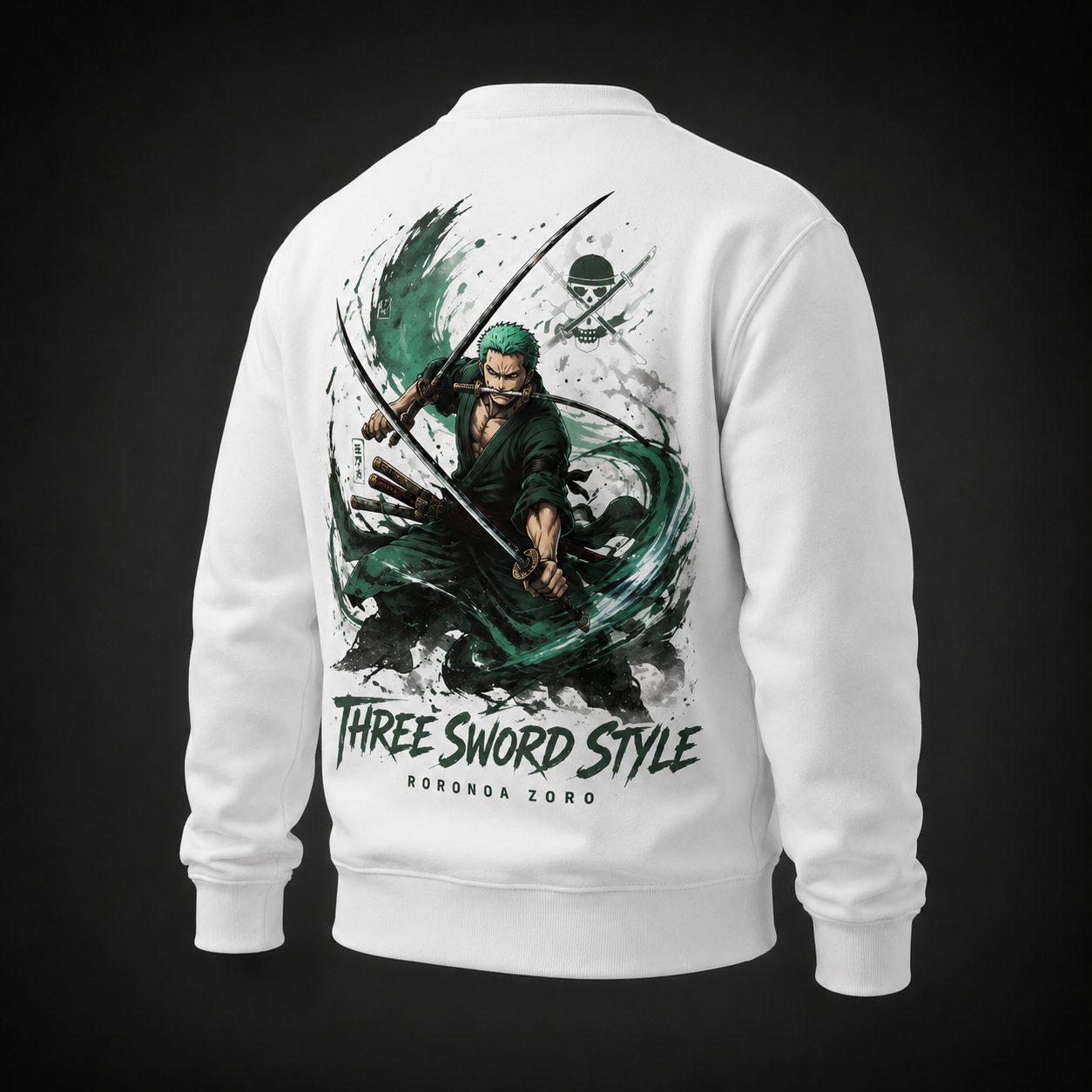 White sweatshirt with Roronoa Zoro One Piece Three Sword Style graphic – photo 1