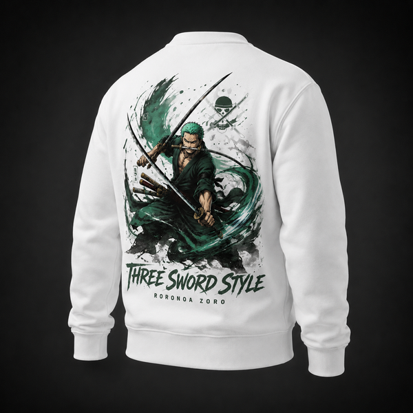 White sweatshirt with Roronoa Zoro One Piece Three Sword Style graphic – photo 1